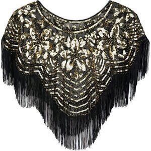 Women's Black Gold 1920s Shawl Sequin Beaded Art Evening Cape Tassel Shawls